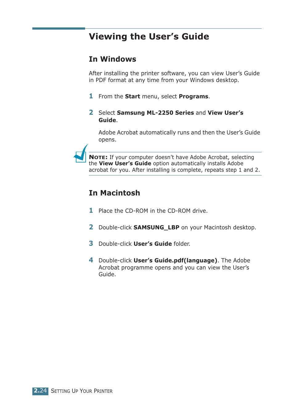 Viewing the user’s guide, In windows, In macintosh | In windows in macintosh | Samsung ML-2251NP User Manual | Page 49 / 203