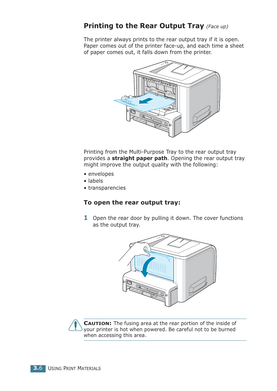 Printing to the rear output tray (face up), Printing to the rear output tray | Samsung ML-2251NP User Manual | Page 57 / 203