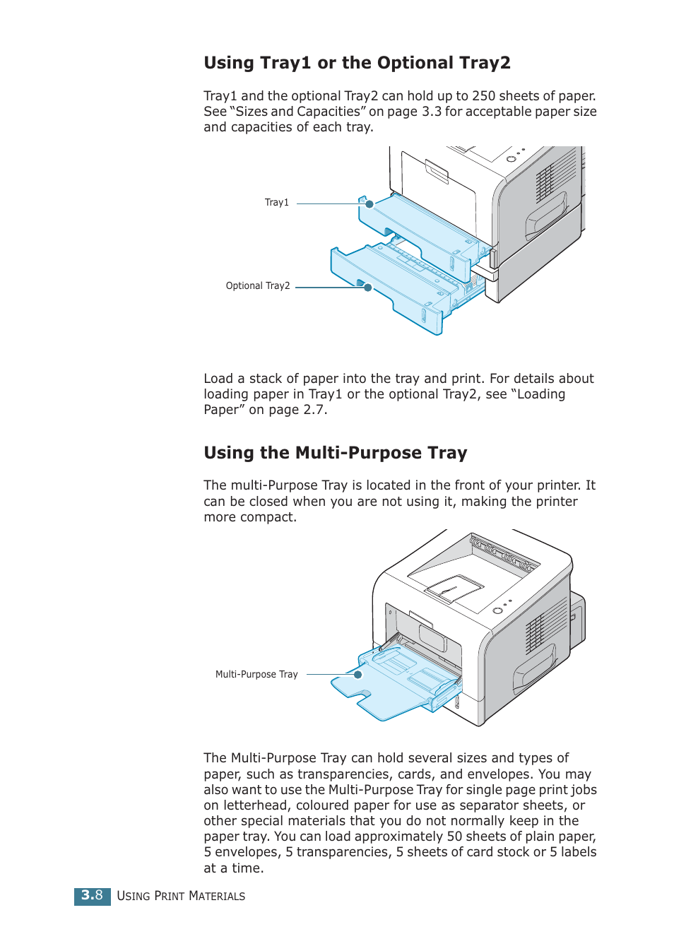 Using tray1 or the optional tray2, Using the multi-purpose tray | Samsung ML-2251NP User Manual | Page 59 / 203