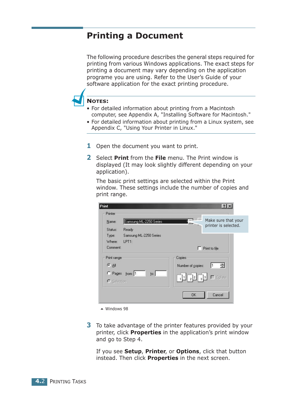 Printing a document | Samsung ML-2251NP User Manual | Page 77 / 203