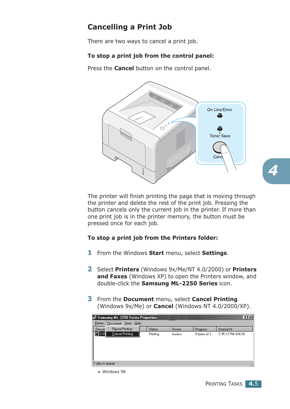 Cancelling a print job | Samsung ML-2251NP User Manual | Page 80 / 203