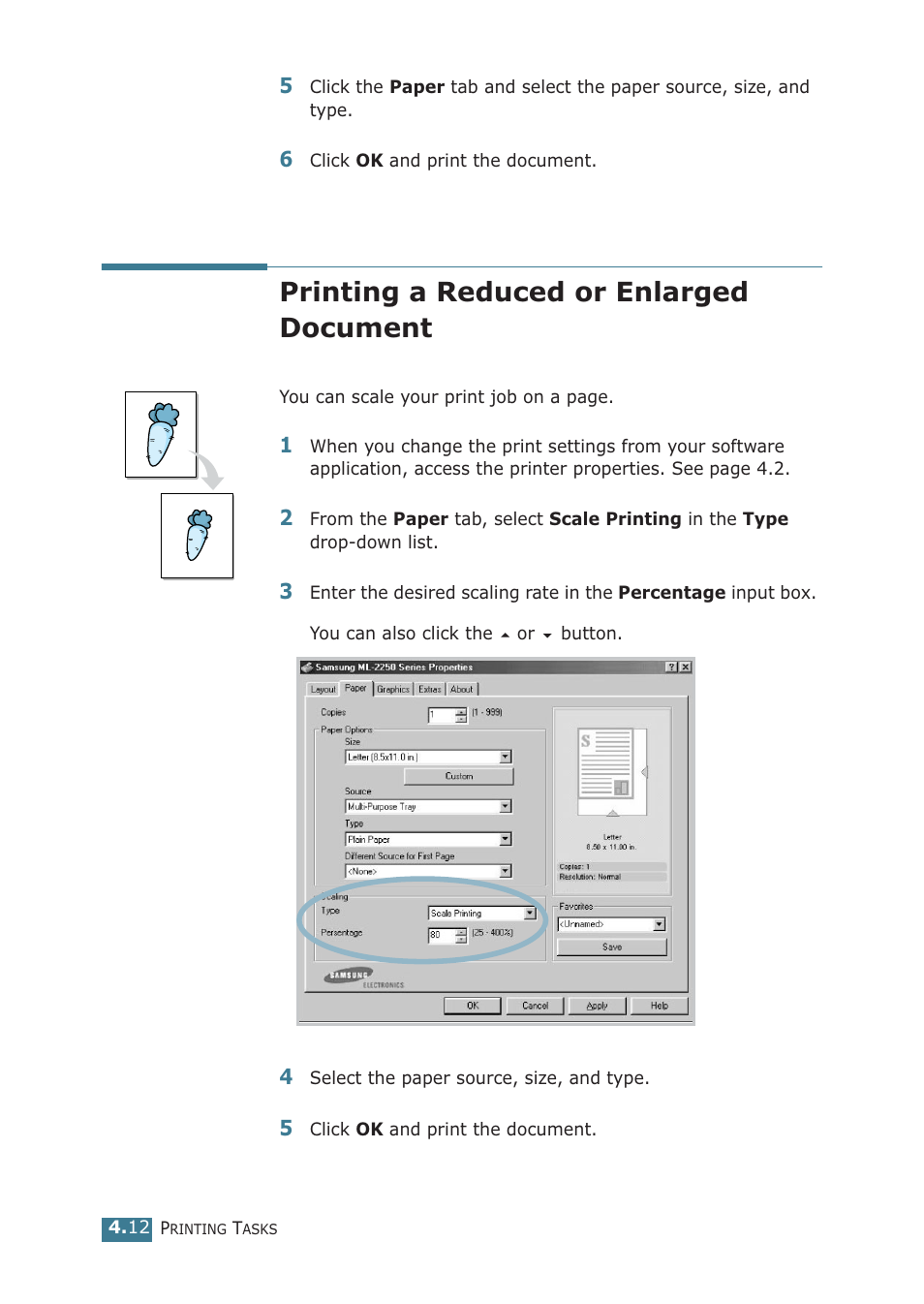 Printing a reduced or enlarged document | Samsung ML-2251NP User Manual | Page 87 / 203