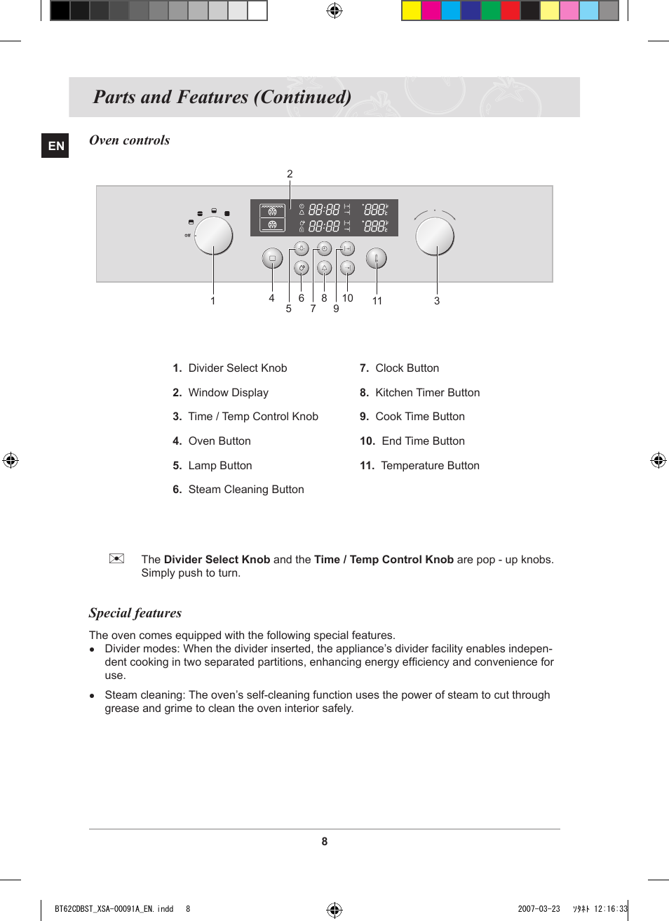 Parts and features (continued), Special features, Oven controls | Samsung BT62CDBST User Manual | Page 10 / 52