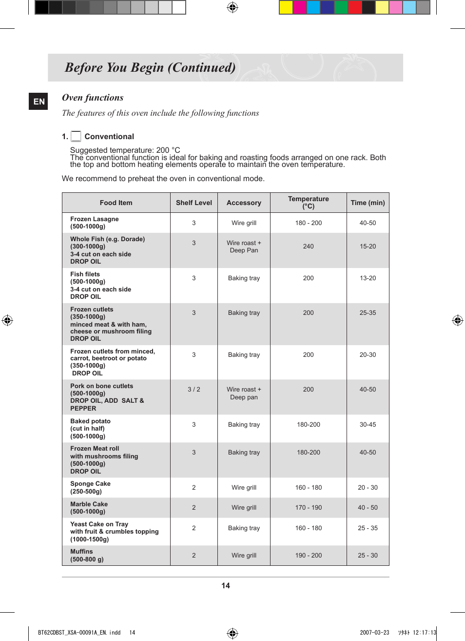 Before you begin (continued), Oven functions | Samsung BT62CDBST User Manual | Page 16 / 52