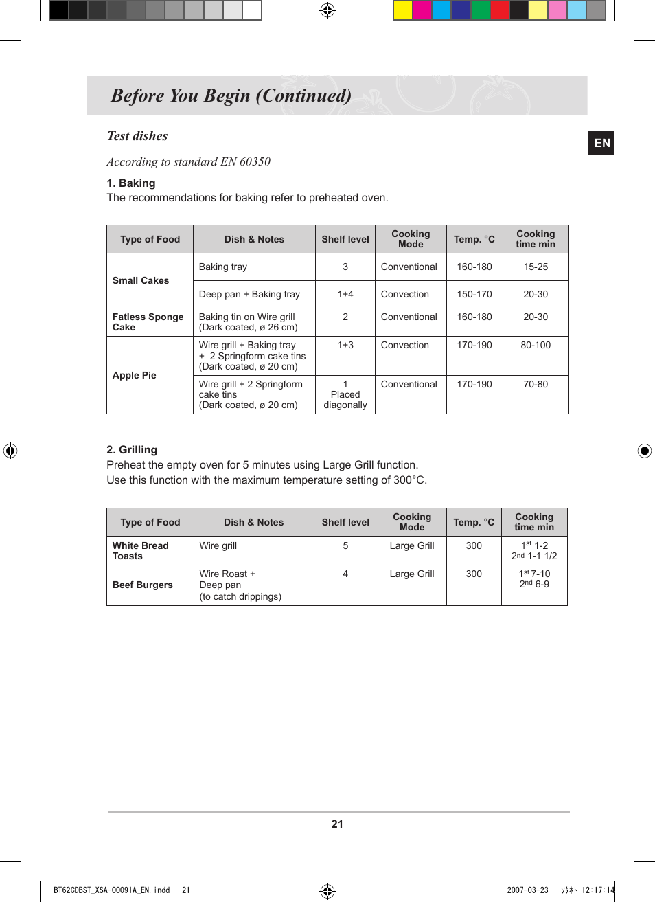 Before you begin (continued), Test dishes | Samsung BT62CDBST User Manual | Page 23 / 52