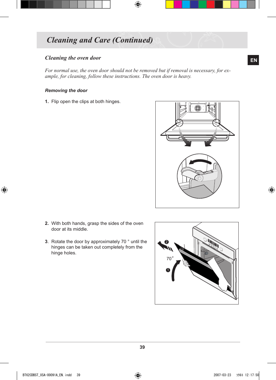 Cleaning and care (continued), Cleaning the oven door | Samsung BT62CDBST User Manual | Page 41 / 52