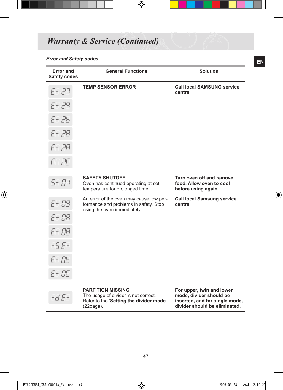 Warranty & service (continued) | Samsung BT62CDBST User Manual | Page 49 / 52