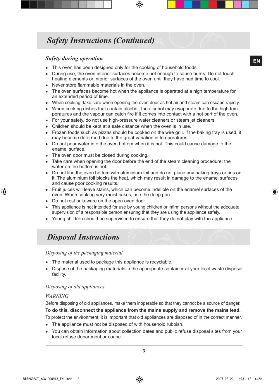 Disposal instructions, Safety during operation | Samsung BT62CDBST User Manual | Page 5 / 52