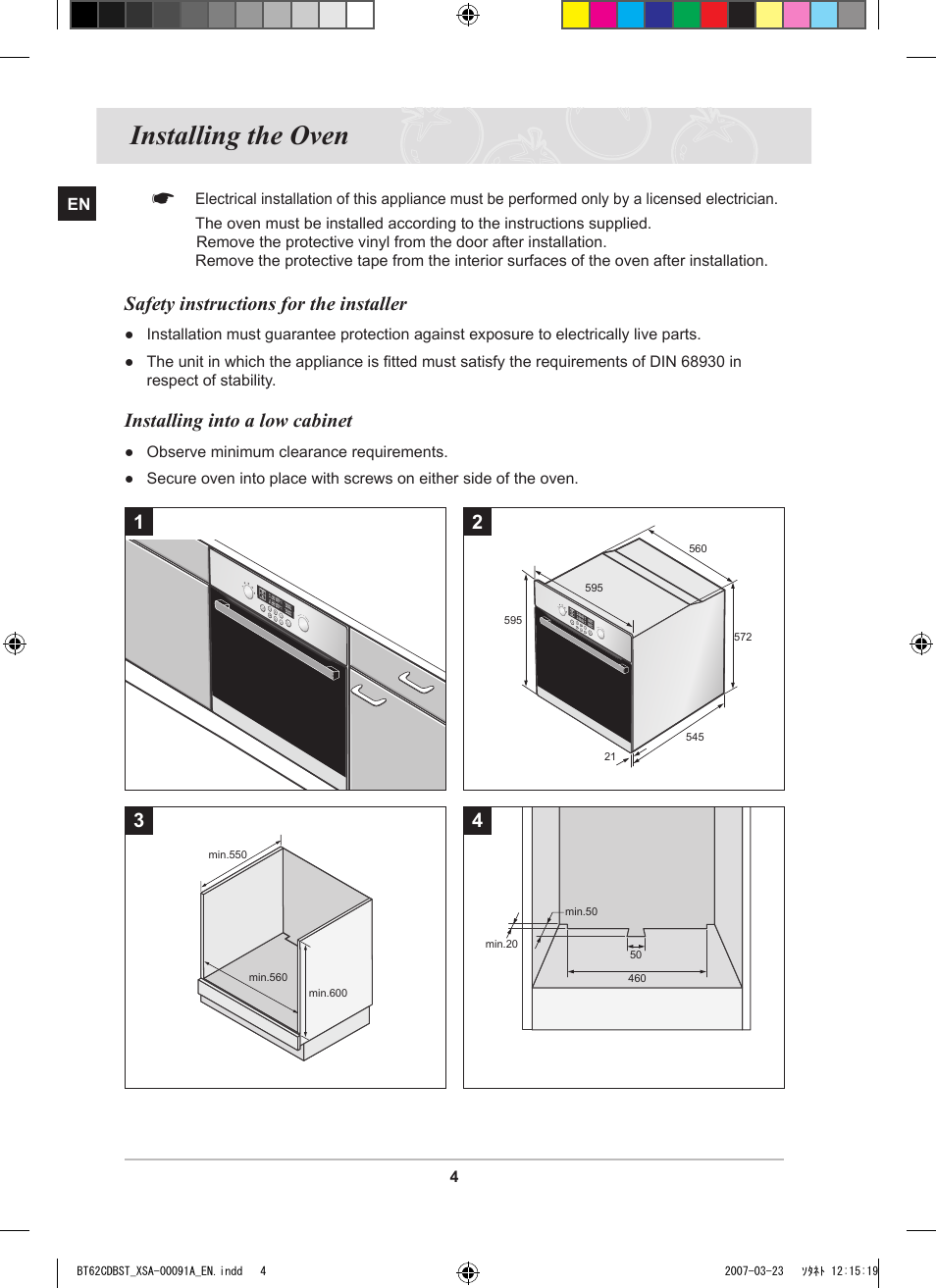 Installing the oven, Safety instructions for the installer, Installing into a low cabinet | Samsung BT62CDBST User Manual | Page 6 / 52