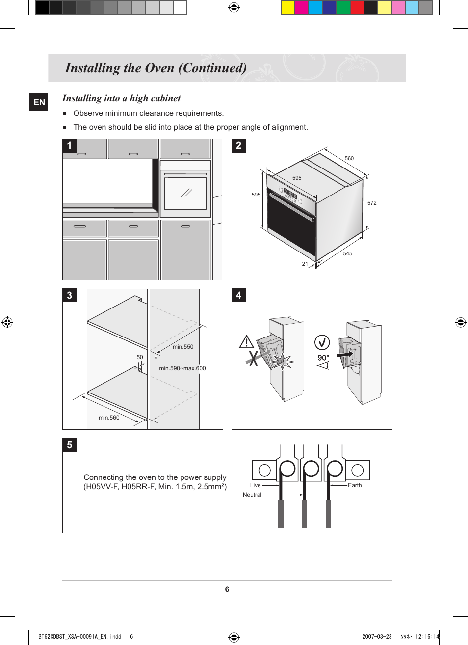 Installing the oven (continued), Installing into a high cabinet | Samsung BT62CDBST User Manual | Page 8 / 52