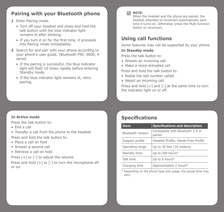 Pairing with your bluetooth phone, Using call functions, Specifications | Samsung GH68-19212A User Manual | Page 2 / 2