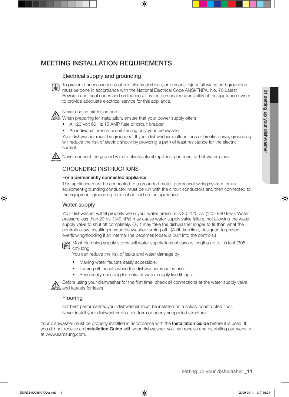 Meeting installation requirements, Electrical supply and grounding, Grounding instructions | Water supply, Flooring | Samsung DMR78 Series User Manual | Page 11 / 30