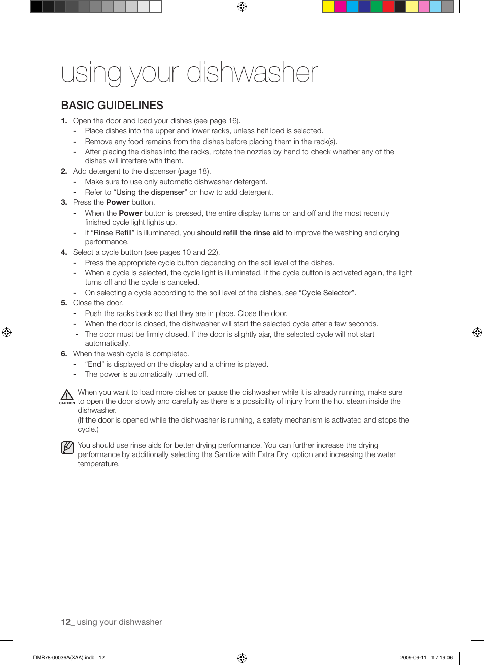 Using your dishwasher, Basic guidelines | Samsung DMR78 Series User Manual | Page 12 / 30