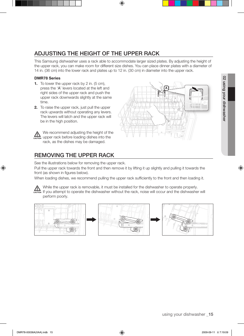 Adjusting the height of the upper rack, Removing the upper rack | Samsung DMR78 Series User Manual | Page 15 / 30