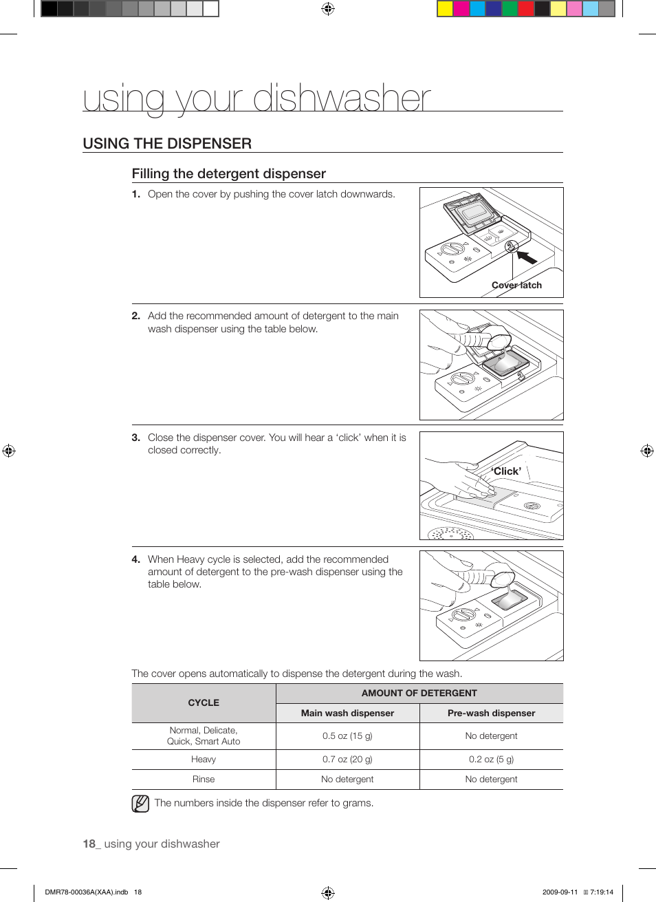 Using your dishwasher, Using the dispenser, Filling the detergent dispenser | Samsung DMR78 Series User Manual | Page 18 / 30