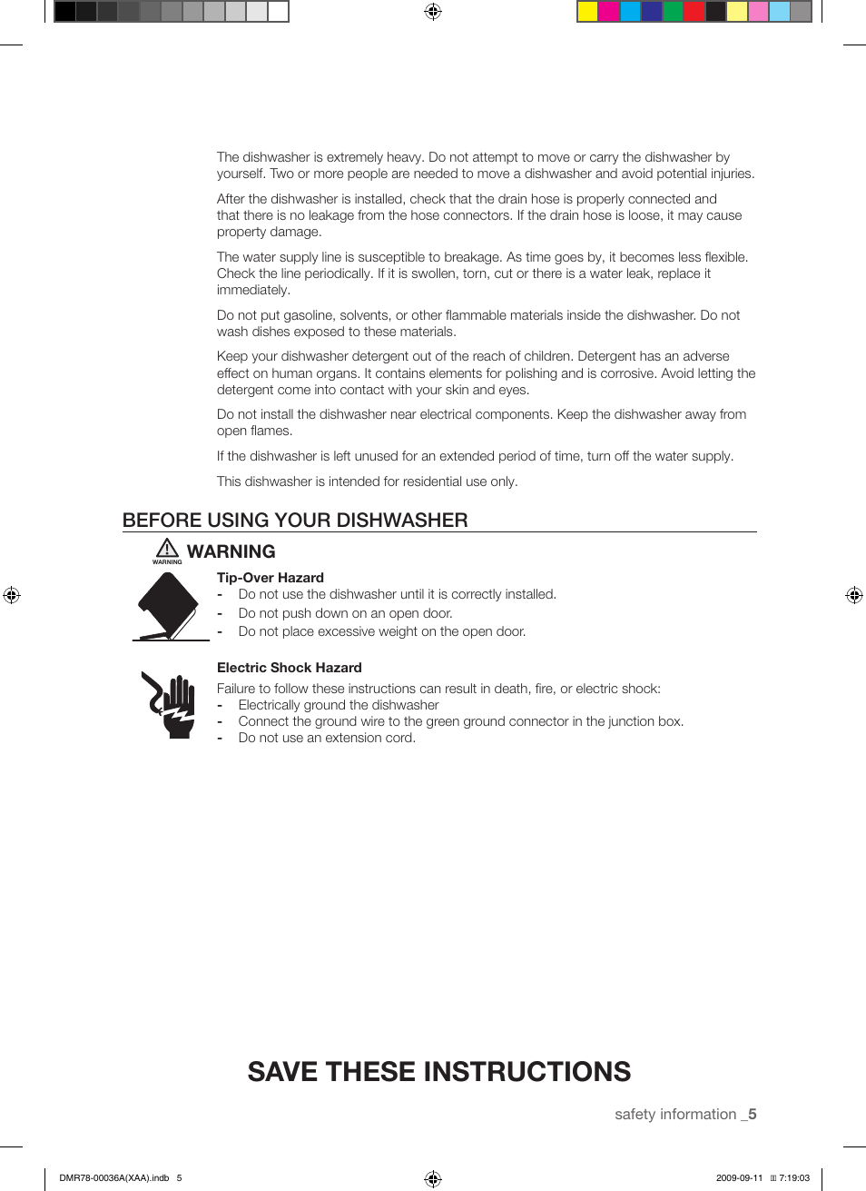 Save these instructions, Before using your dishwasher, Warning | Samsung DMR78 Series User Manual | Page 5 / 30