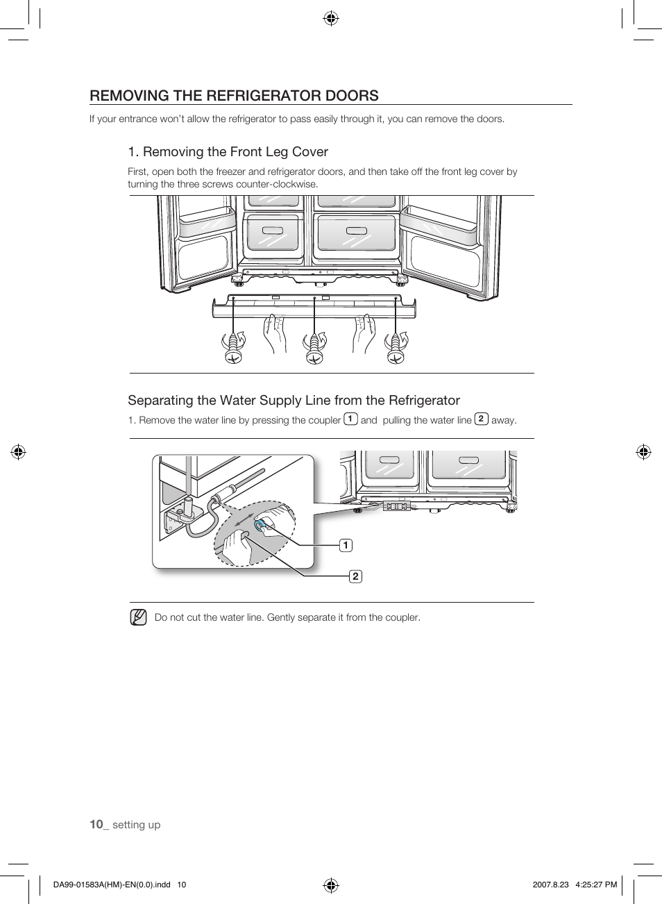 Removing the refrigerator doors, Removing the front leg cover | Samsung Refrigerator User Manual | Page 10 / 44
