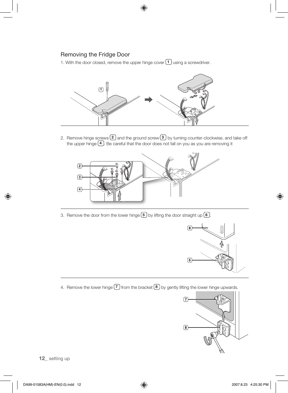 Removing the fridge door | Samsung Refrigerator User Manual | Page 12 / 44