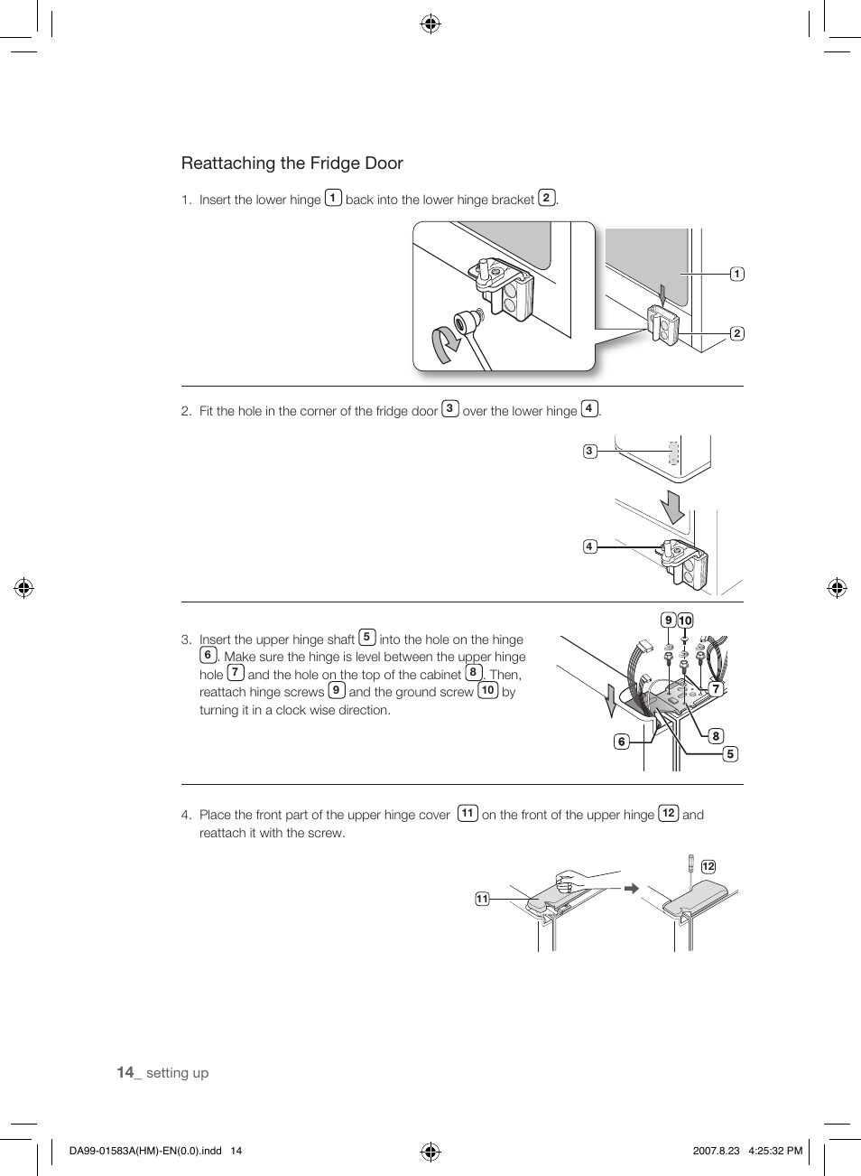 Reattaching the fridge door | Samsung Refrigerator User Manual | Page 14 / 44