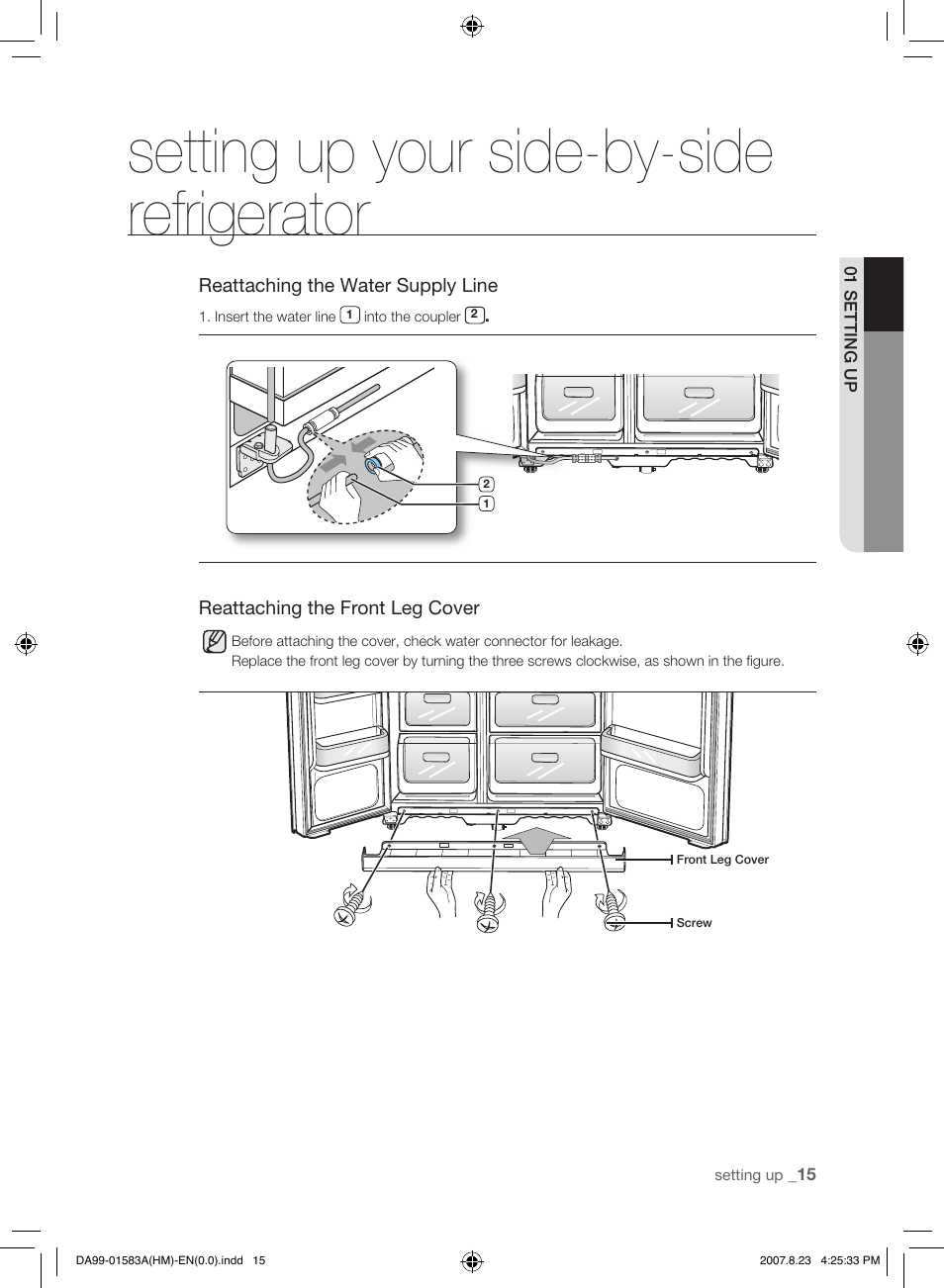 Setting up your side-by-side refrigerator | Samsung Refrigerator User Manual | Page 15 / 44