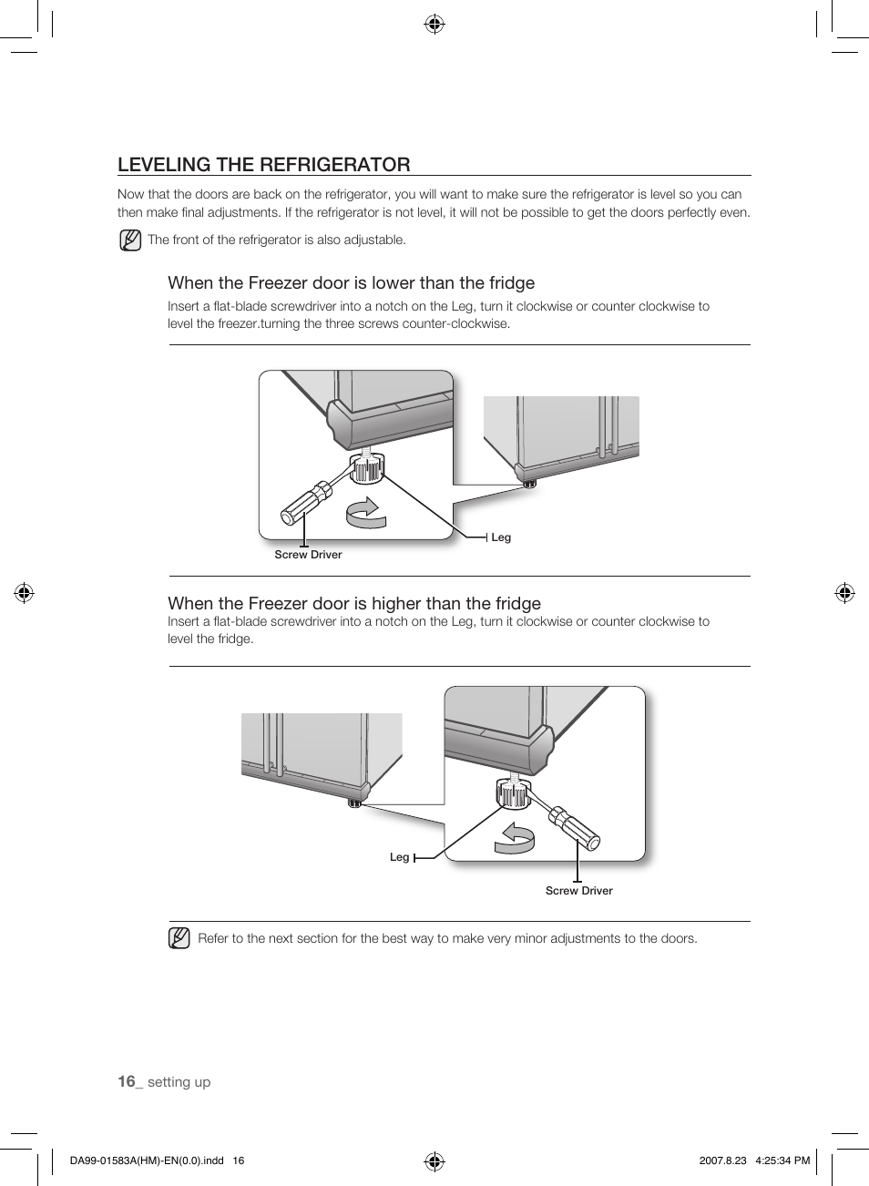 Leveling the refrigerator, When the freezer door is lower than the fridge, When the freezer door is higher than the fridge | Samsung Refrigerator User Manual | Page 16 / 44