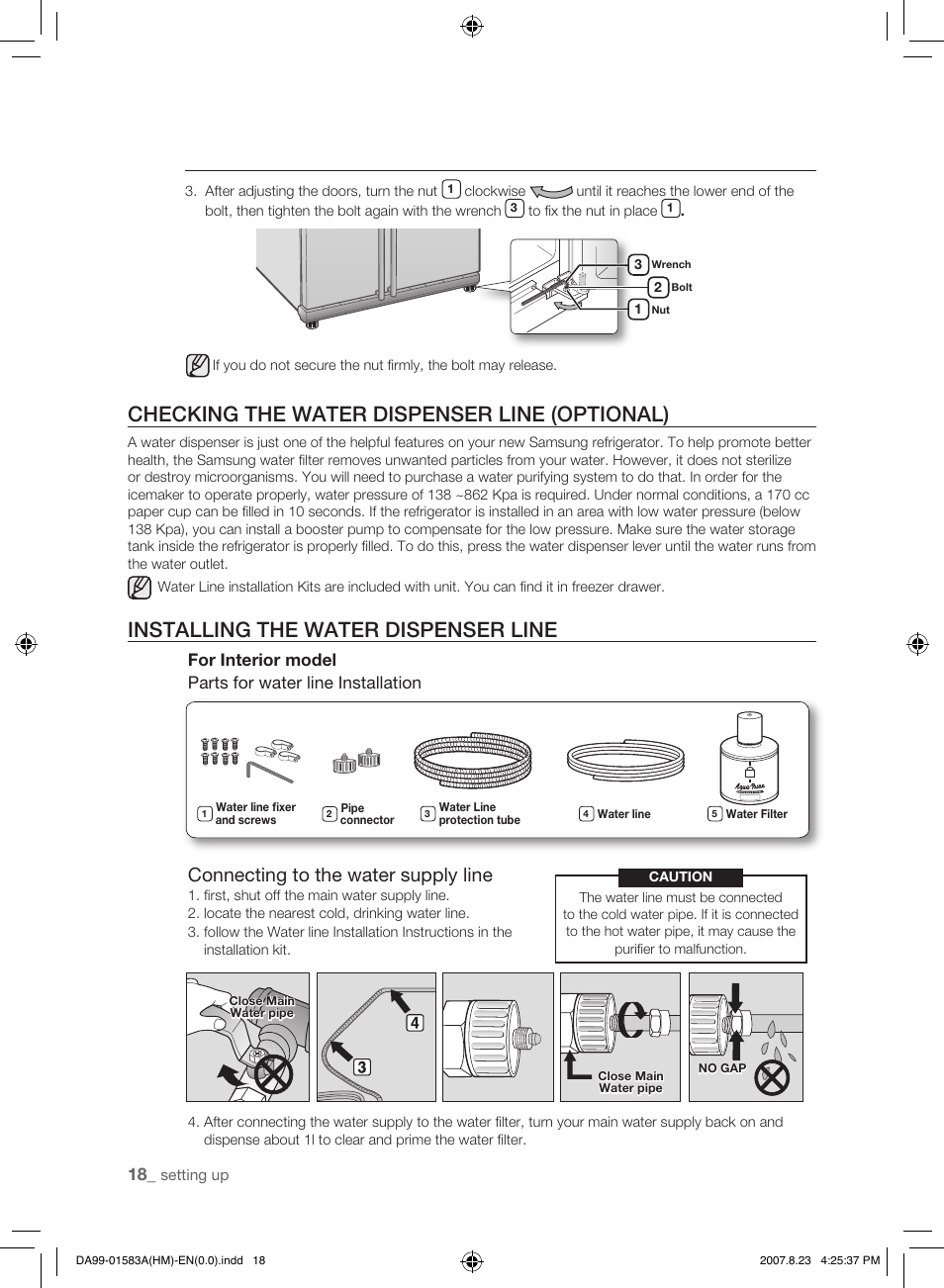 Checking the water dispenser line(optional), Installing the water dispenser line, Checking the water dispenser line (optional) | Connecting to the water supply line | Samsung Refrigerator User Manual | Page 18 / 44