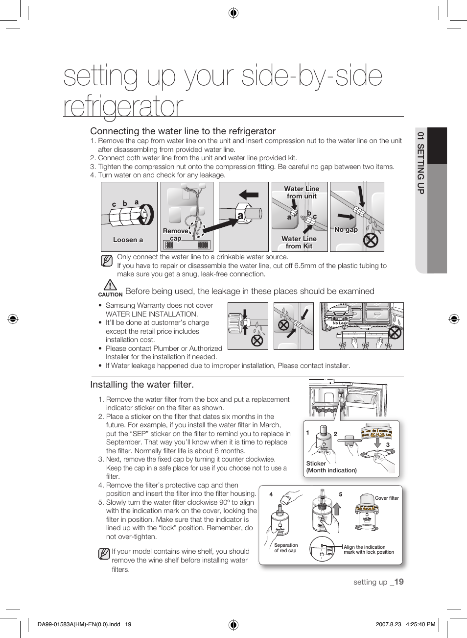 Setting up your side-by-side refrigerator | Samsung Refrigerator User Manual | Page 19 / 44