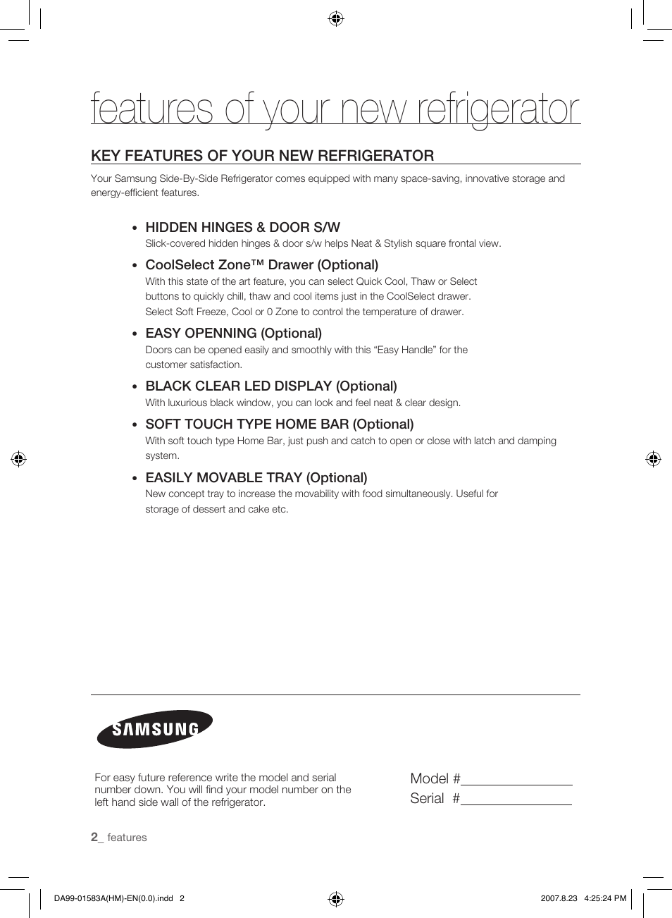 Features of your new refrigerator, Key features of your new refrigerator | Samsung Refrigerator User Manual | Page 2 / 44