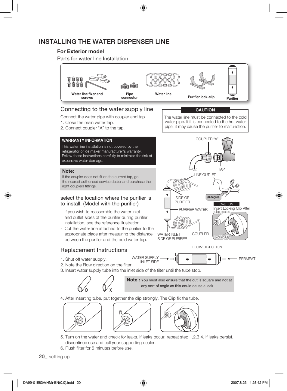 Installing the water dispenser line, Connecting to the water supply line, Replacement instructions | Samsung Refrigerator User Manual | Page 20 / 44