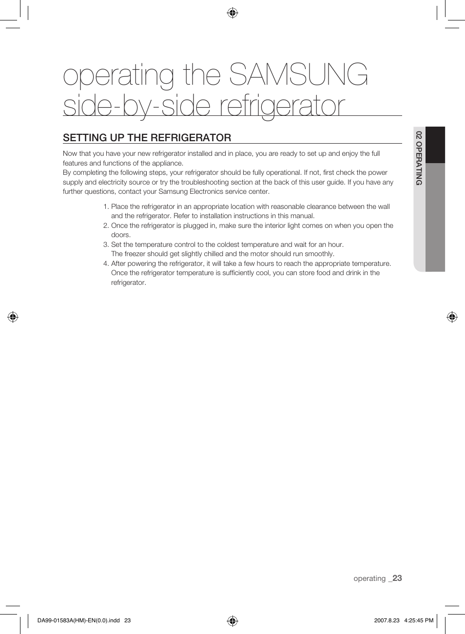 Operating the samsung side-by-side refrigerator, Setting up the refrigerator | Samsung Refrigerator User Manual | Page 23 / 44