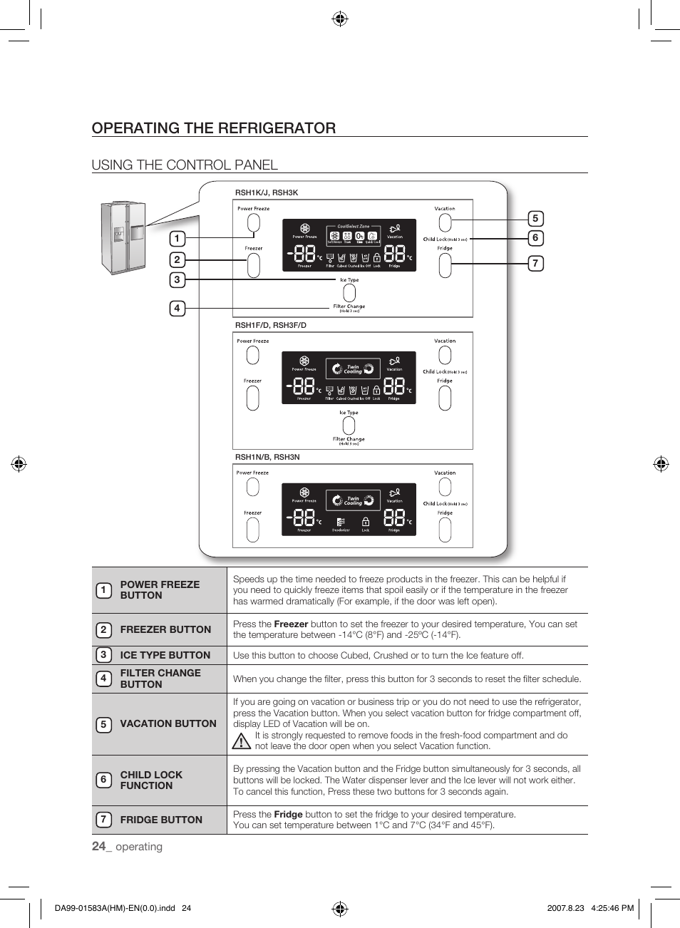 Using the control panel, Operating the refrigerator | Samsung Refrigerator User Manual | Page 24 / 44