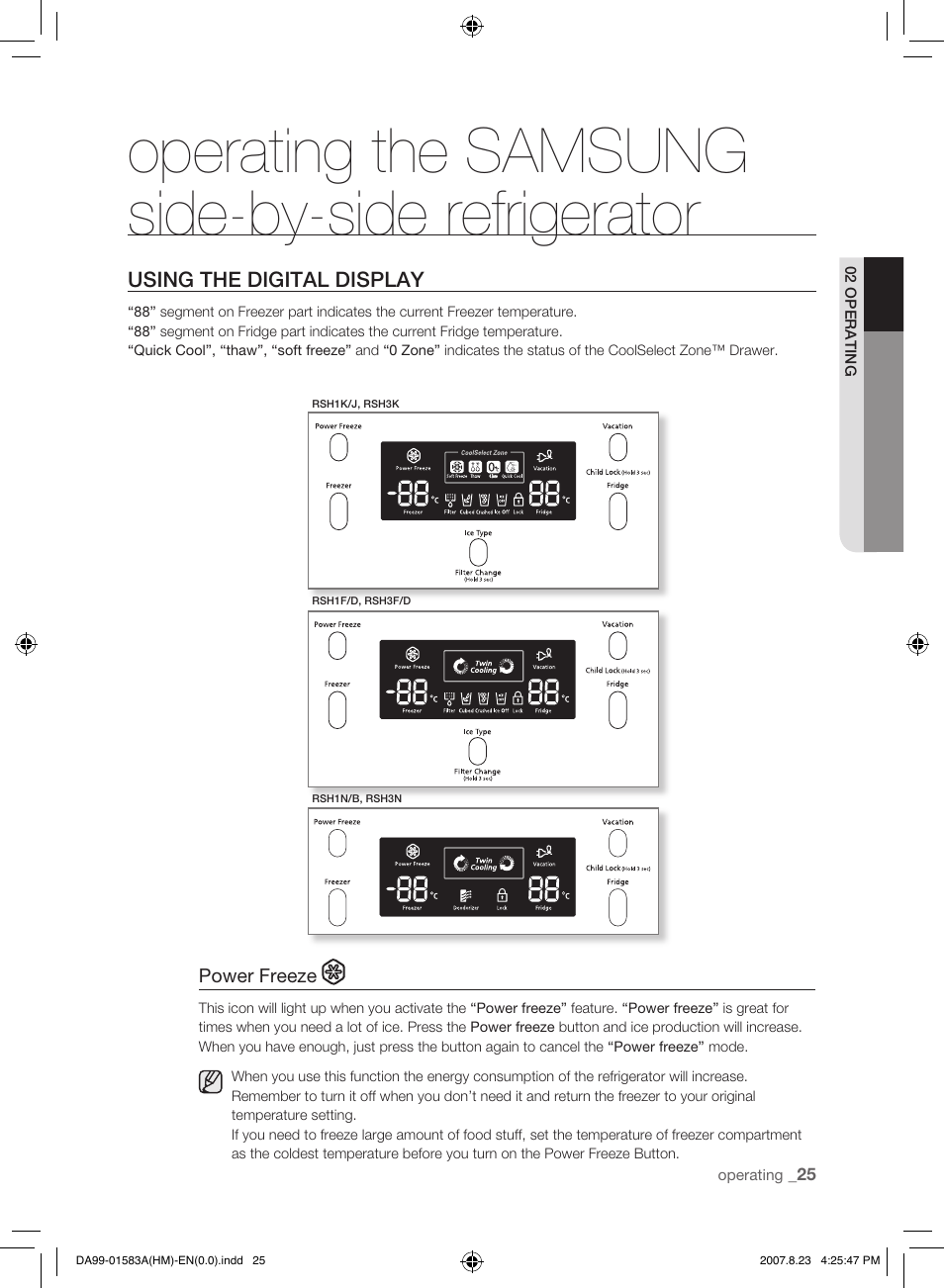 Using the digital display, Operating the samsung side-by-side refrigerator | Samsung Refrigerator User Manual | Page 25 / 44