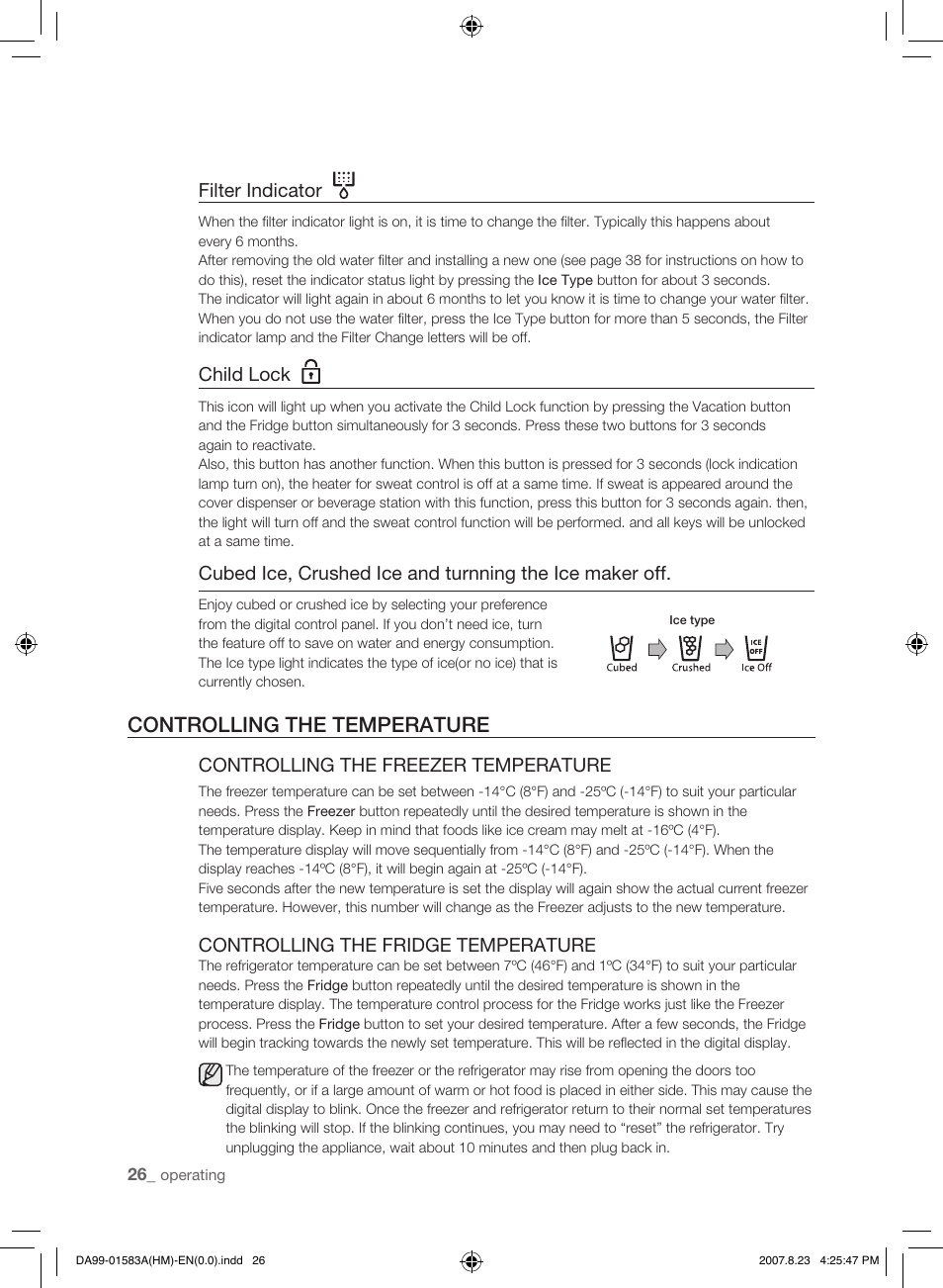 Controlling the temperature | Samsung Refrigerator User Manual | Page 26 / 44