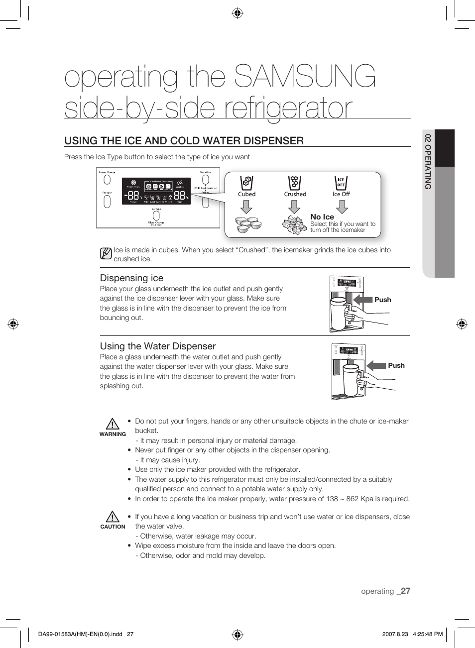 Using the ice and cold water dispenser, Operating the samsung side-by-side refrigerator | Samsung Refrigerator User Manual | Page 27 / 44