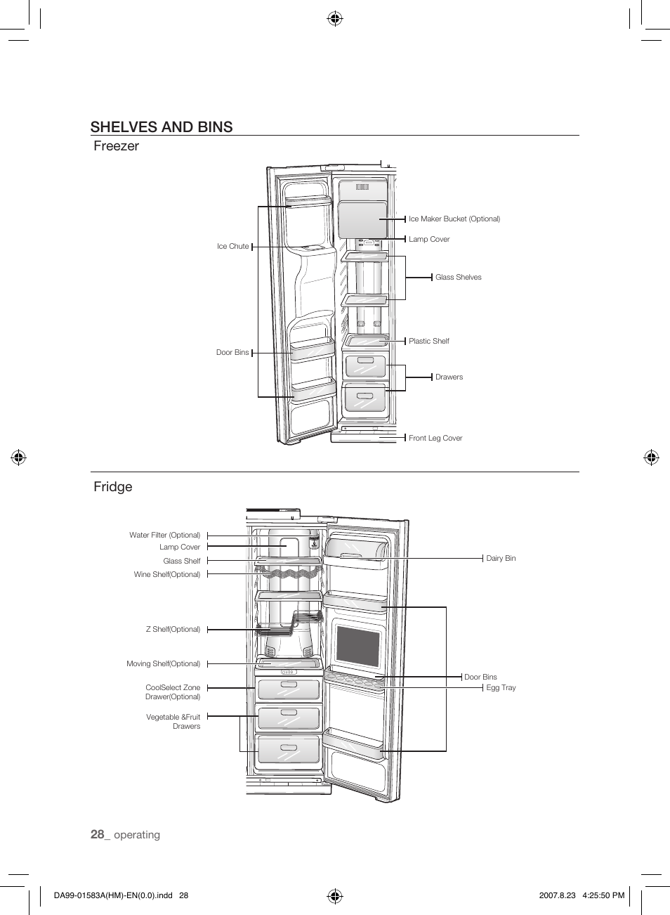 Shelves and bins, Freezer, Fridge | Samsung Refrigerator User Manual | Page 28 / 44