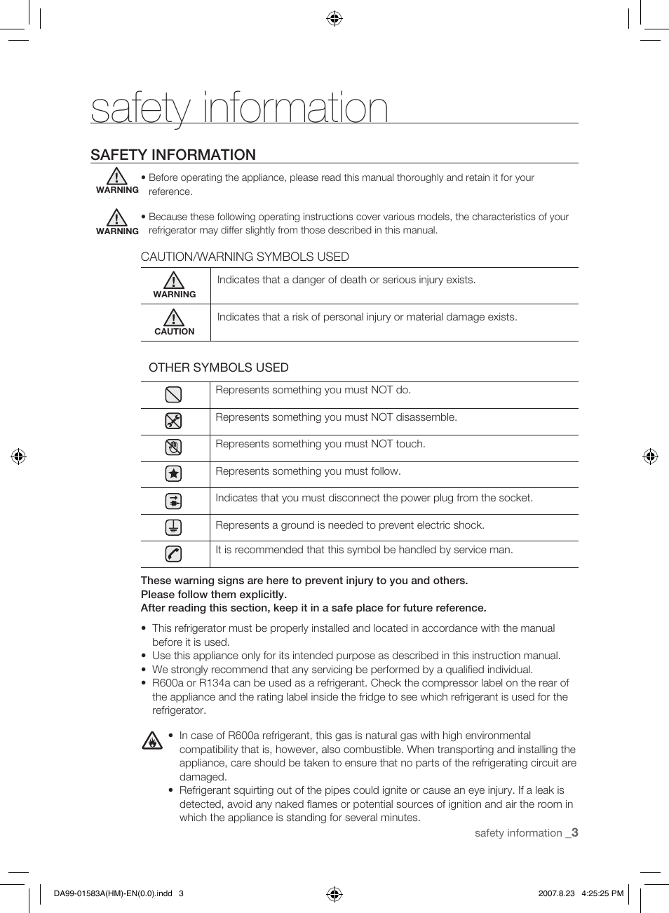 Safety information | Samsung Refrigerator User Manual | Page 3 / 44