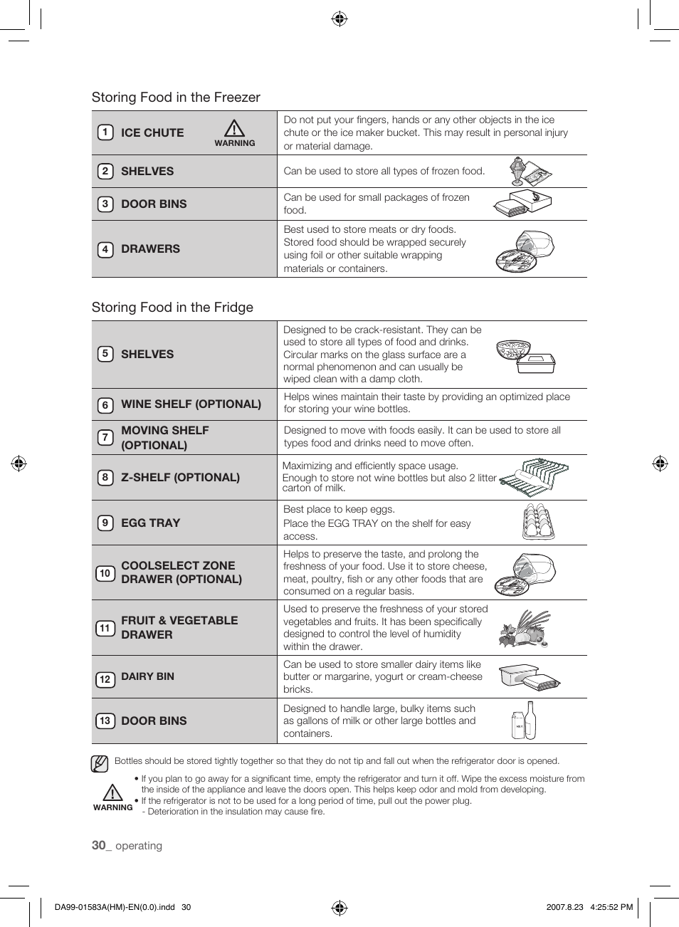Storing food in the freezer, Storing food in the fridge | Samsung Refrigerator User Manual | Page 30 / 44