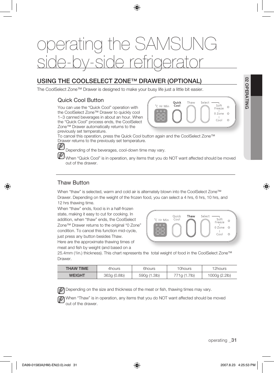 Using the coolselect zone tm drawer(optional), Operating the samsung side-by-side refrigerator, Using the coolselect zone™ drawer (optional) | Samsung Refrigerator User Manual | Page 31 / 44