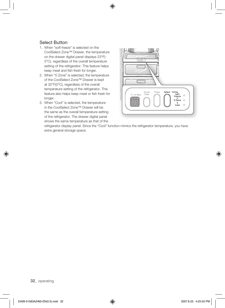 Select button | Samsung Refrigerator User Manual | Page 32 / 44