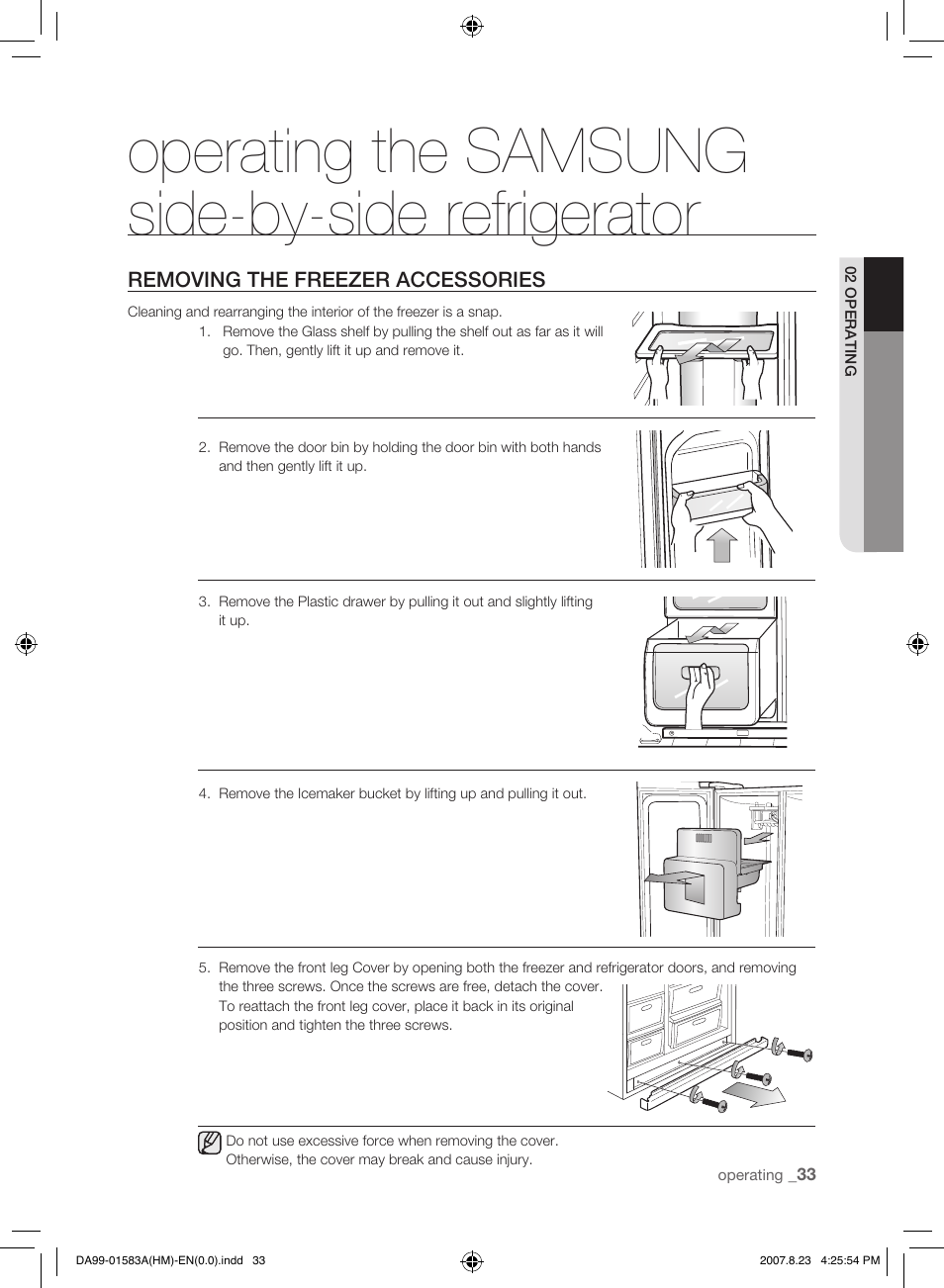 Removing the freezer accessories, Operating the samsung side-by-side refrigerator | Samsung Refrigerator User Manual | Page 33 / 44