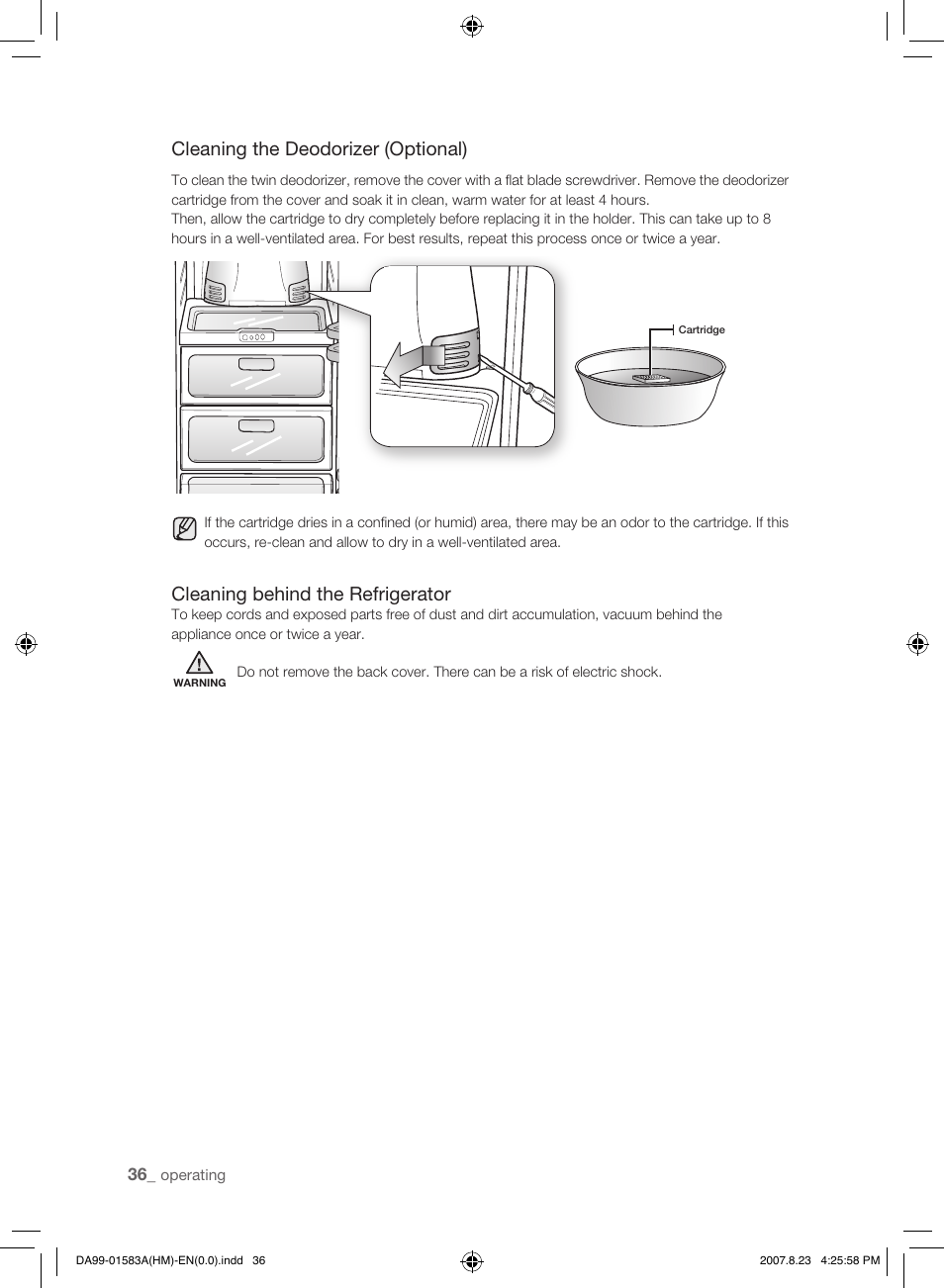 Cleaning the deodorizer (optional), Cleaning behind the refrigerator | Samsung Refrigerator User Manual | Page 36 / 44