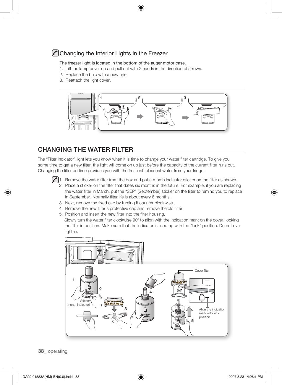 Changing the water filter, Changing the interior lights in the freezer | Samsung Refrigerator User Manual | Page 38 / 44