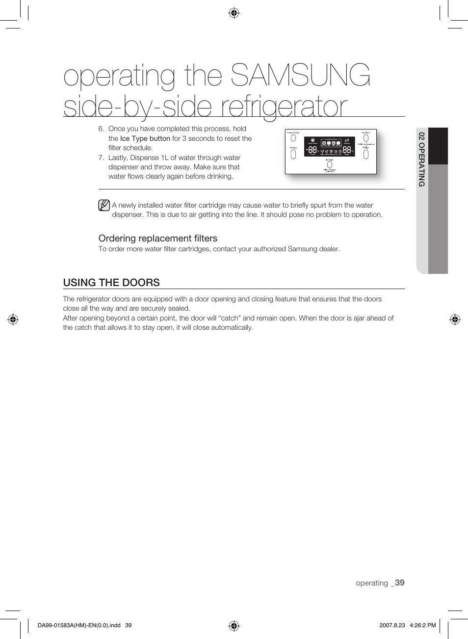 Using the doors, Operating the samsung side-by-side refrigerator | Samsung Refrigerator User Manual | Page 39 / 44
