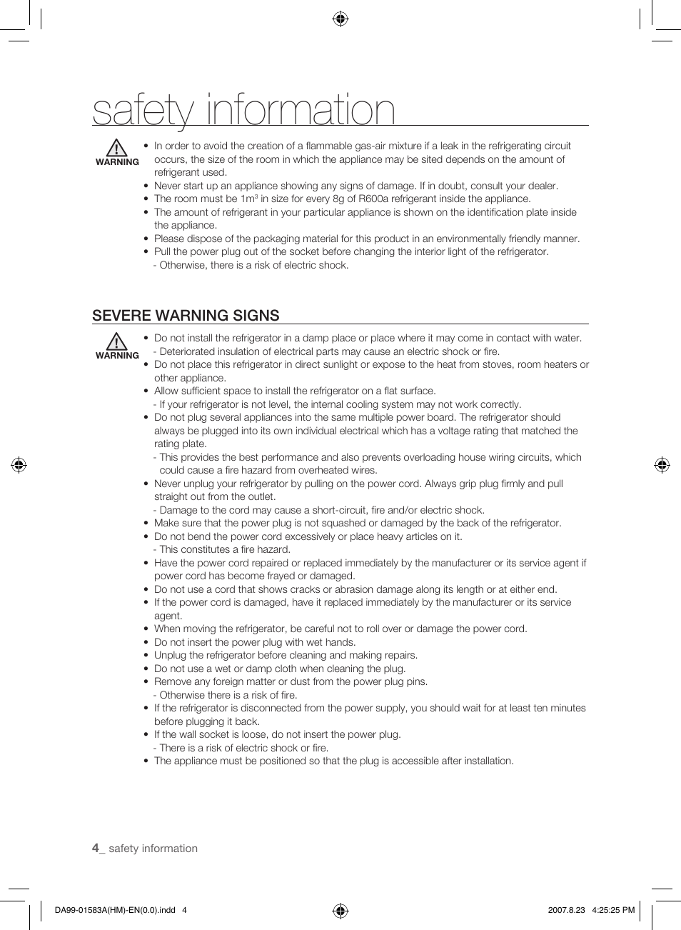 Severe warning signs, Safety information | Samsung Refrigerator User Manual | Page 4 / 44