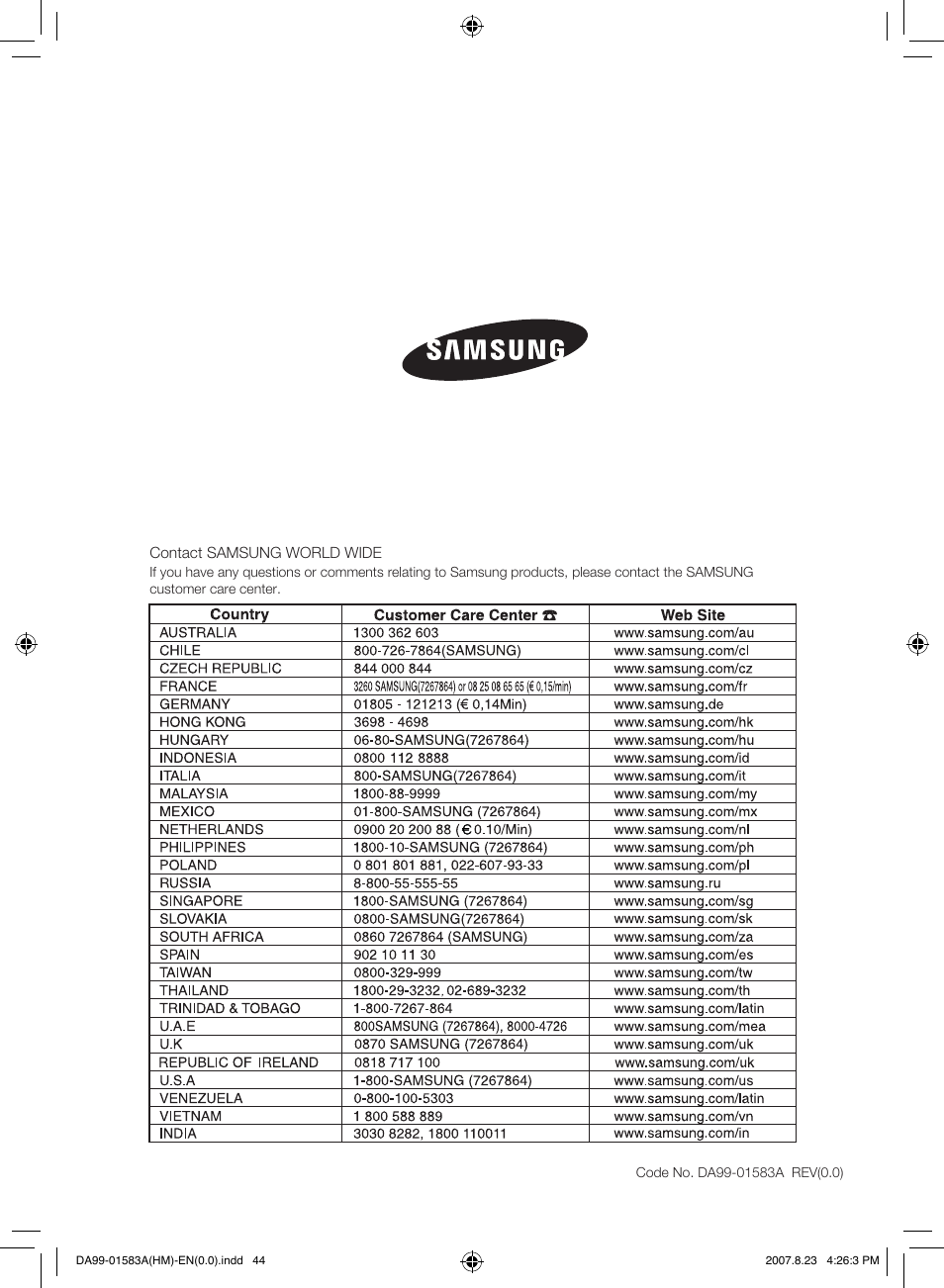 Samsung Refrigerator User Manual | Page 44 / 44