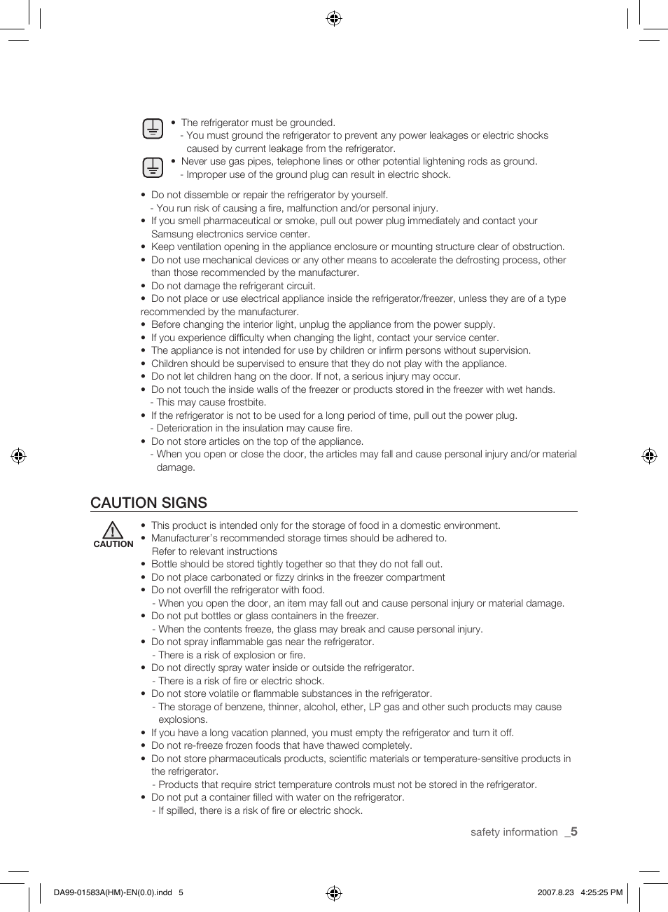 Caution signs | Samsung Refrigerator User Manual | Page 5 / 44