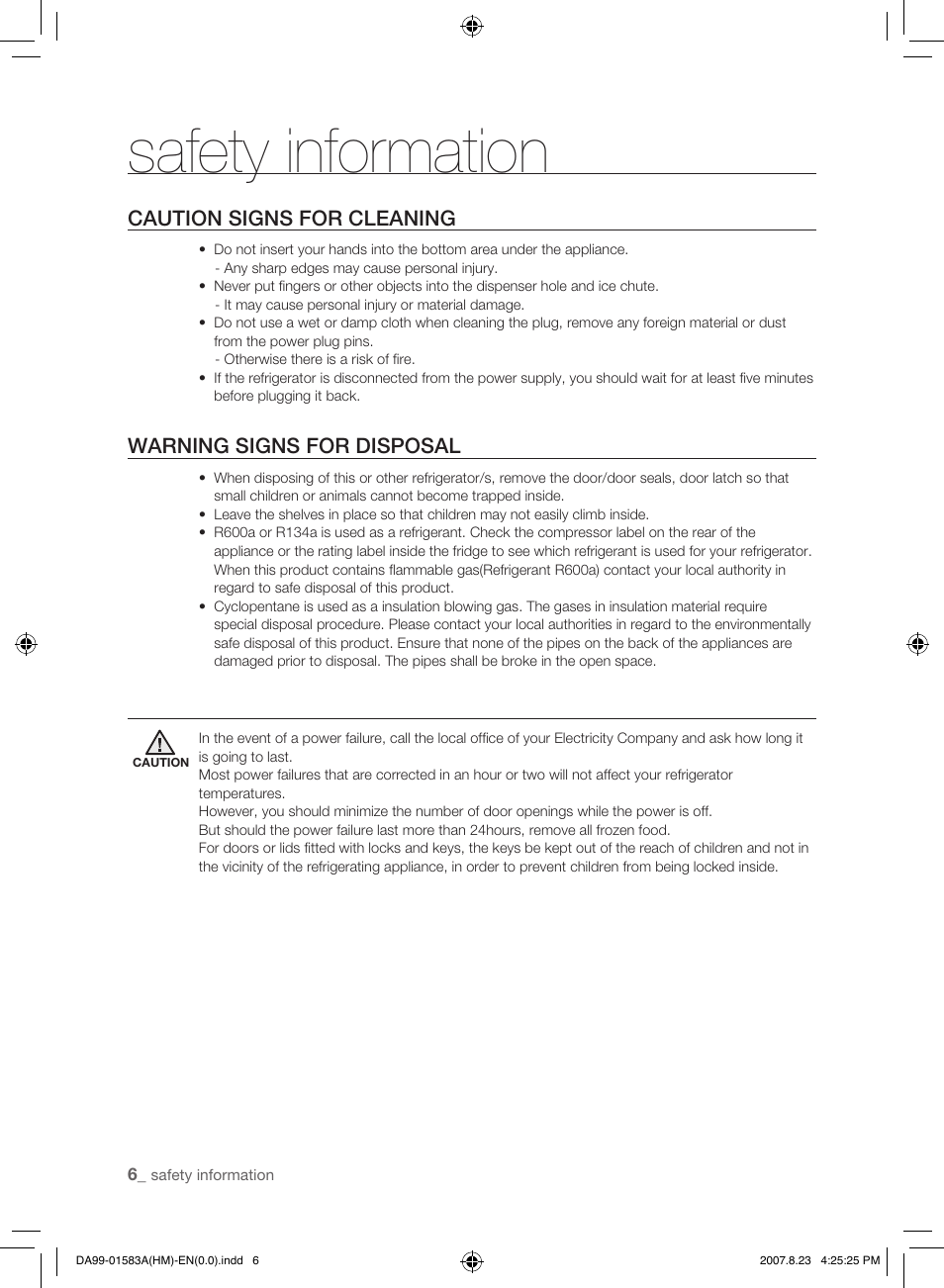 Caution signs for cleaning, Warning signs for disposal, Safety information | Samsung Refrigerator User Manual | Page 6 / 44