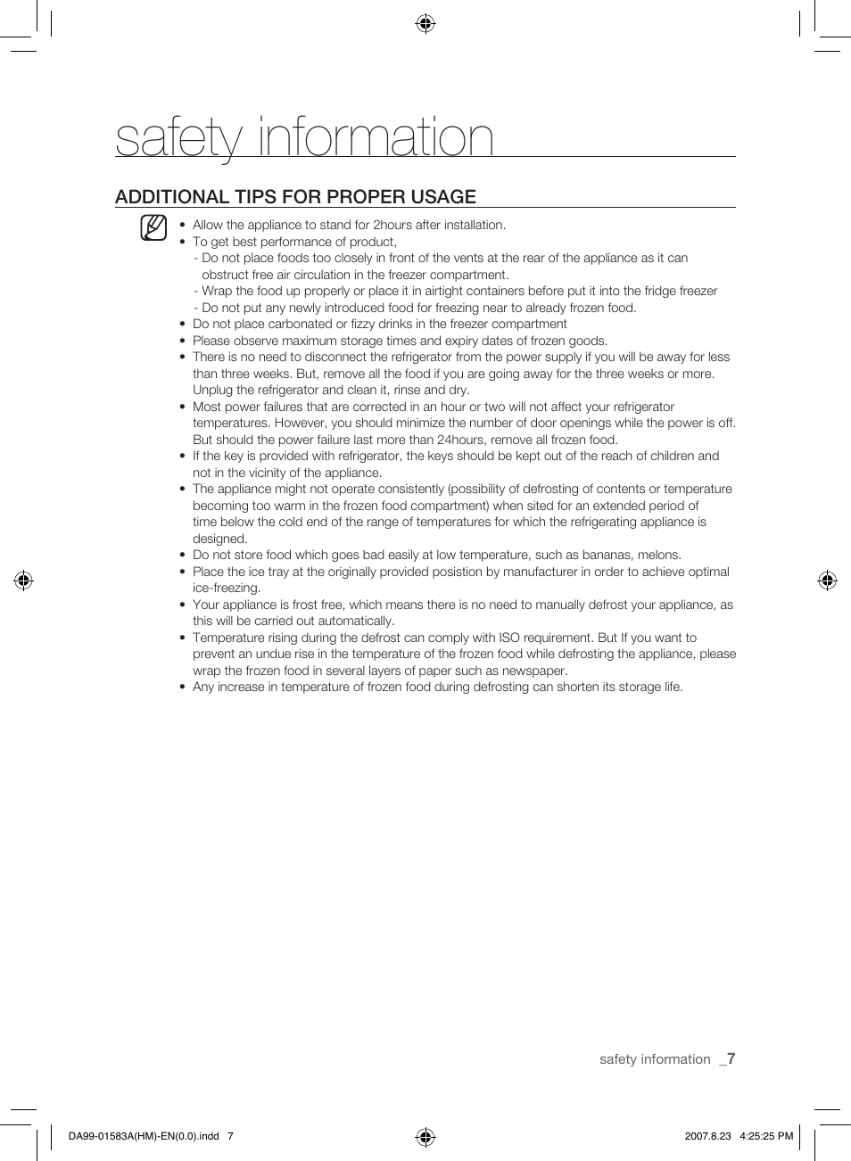 Additional tips for proper usage, Safety information | Samsung Refrigerator User Manual | Page 7 / 44