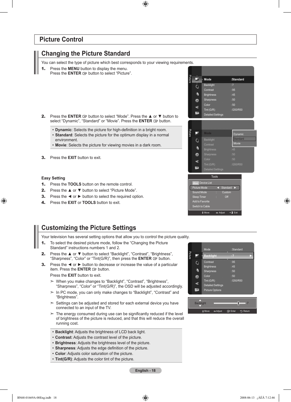 Picture control, Changing the picture standard, Customizing the picture settings | Picture control changing the picture standard | Samsung Digimax Cyber 630 User Manual | Page 20 / 107