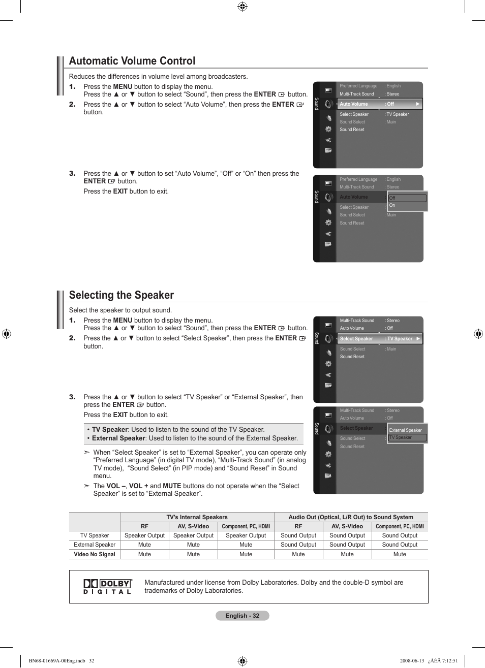 Automatic volume control, Selecting the speaker | Samsung Digimax Cyber 630 User Manual | Page 34 / 107